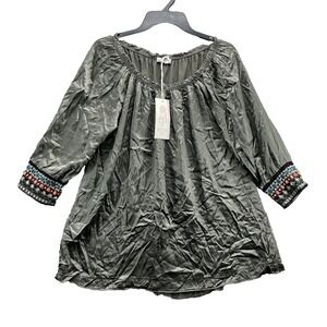 Sunny Studio Silk Blend Dress Womens Olive Off the Shoulder Embellished Boho Y2k